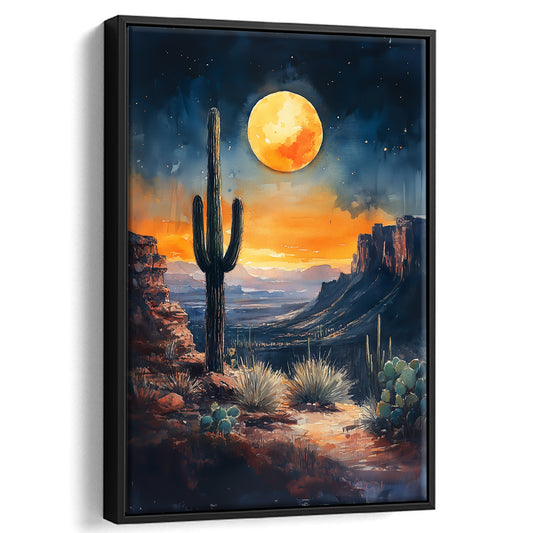 Watercolor Moody Desert Painting Cactus Moon, Floating Framed Canvas Art Print,, Framed Canvas Prints Wall Art