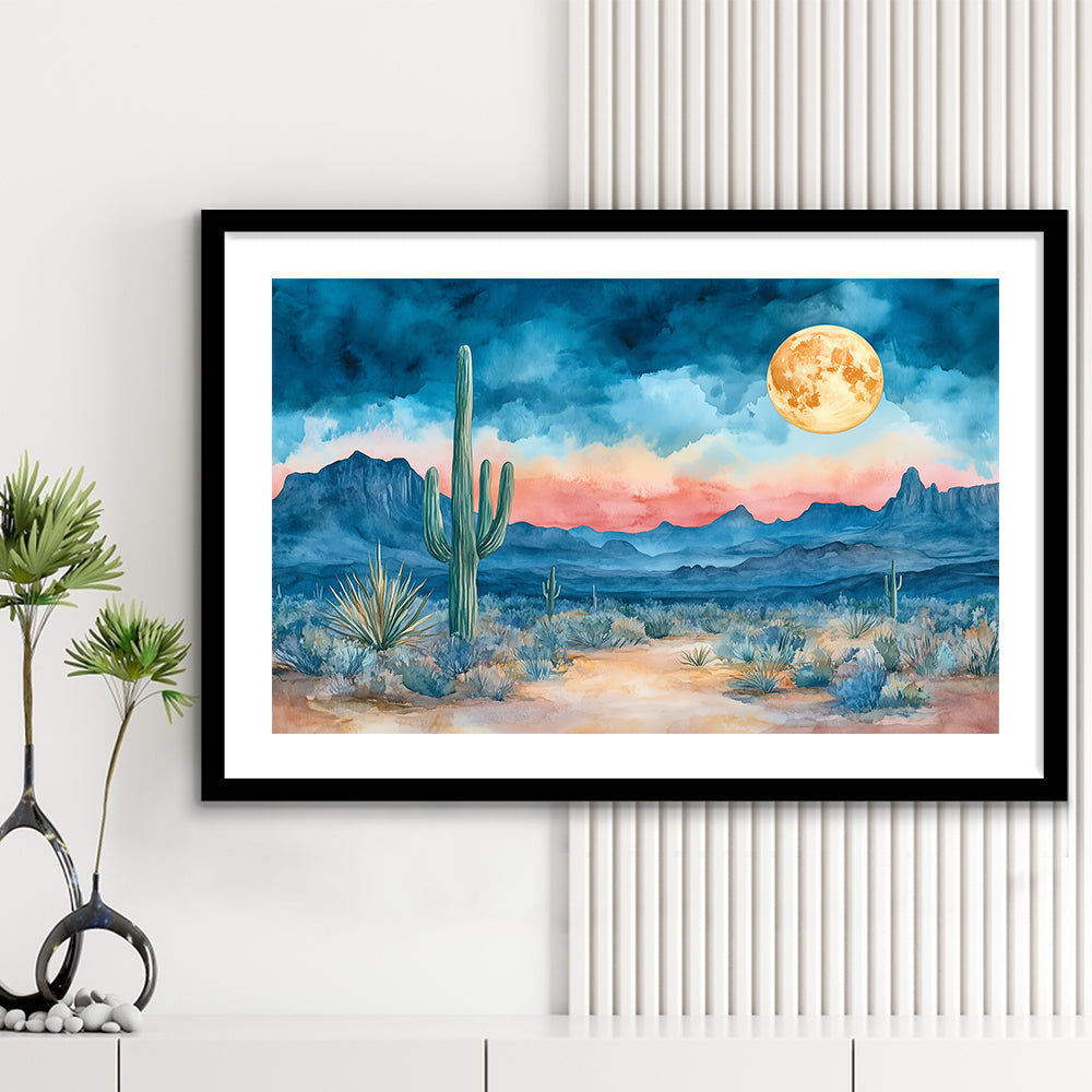 Watercolor Moody Desert Painting Pastel, Framed  Print, Painting Art, Framed Art Print White Border Wall Decor