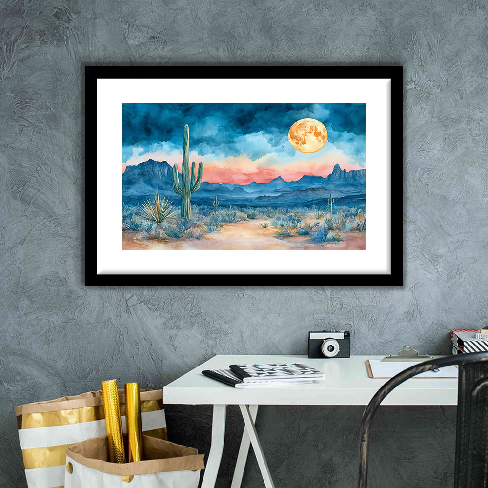 Watercolor Moody Desert Painting Pastel, Framed  Print, Painting Art, Framed Art Print White Border Wall Decor