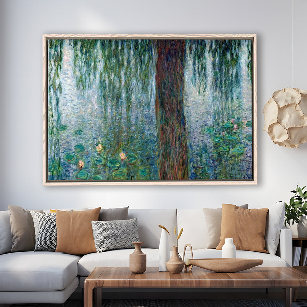Waterlilies Morning With Weeping Willows Wall Art, Framed Cavas Print, Floating Frame