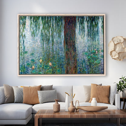 Waterlilies Morning With Weeping Willows Wall Art, Framed Cavas Print, Floating Frame