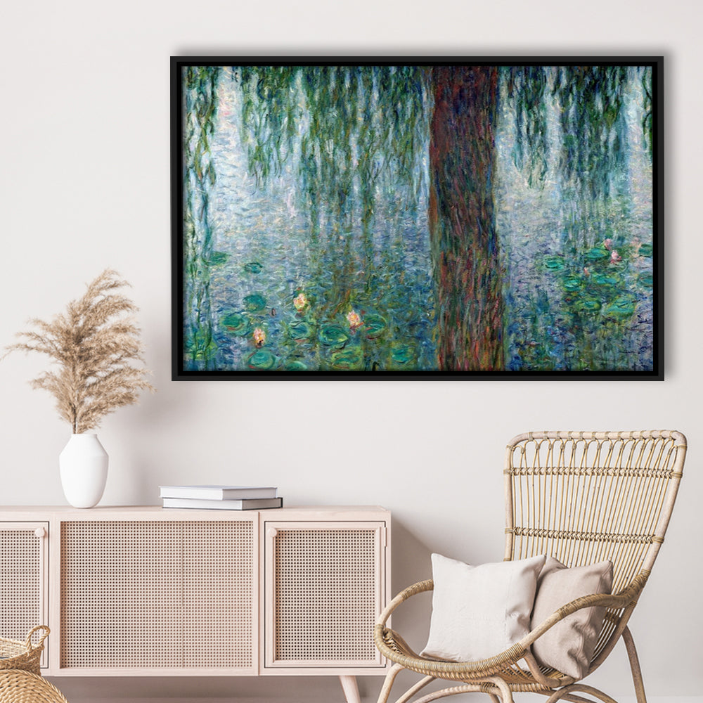 Waterlilies Morning With Weeping Willows Wall Art, Framed Cavas Print, Floating Frame