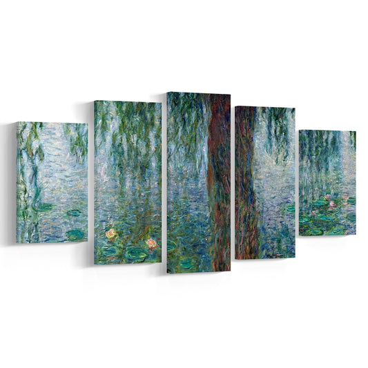 Waterlilies Morning with Weeping Willows Wall Art, 5 Piece Large Cavas Print Wall Art