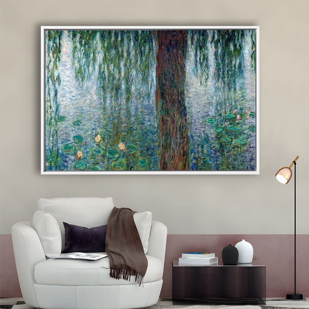 Waterlilies Morning With Weeping Willows Wall Art, Framed Cavas Print, Floating Frame