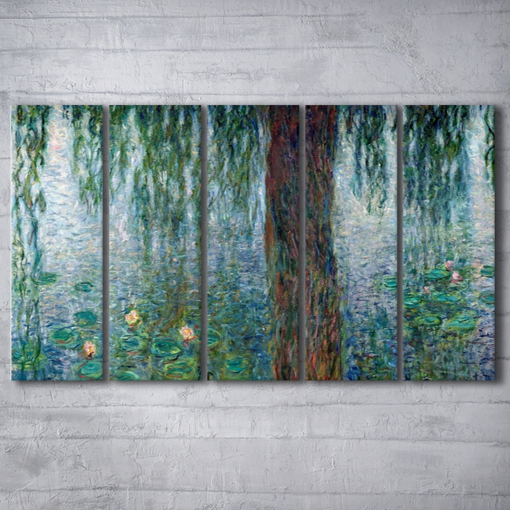 Waterlilies Morning with Weeping Willows Wall Art, 5 Piece B Extra Large Cavas Print Wall Art Decor