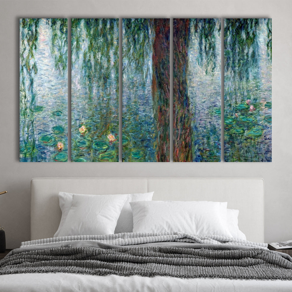 Waterlilies Morning with Weeping Willows Wall Art, 5 Piece B Extra Large Cavas Print Wall Art Decor