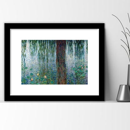 Waterlilies Morning With Weeping Willows Wall Art, Framed Art Print White Border