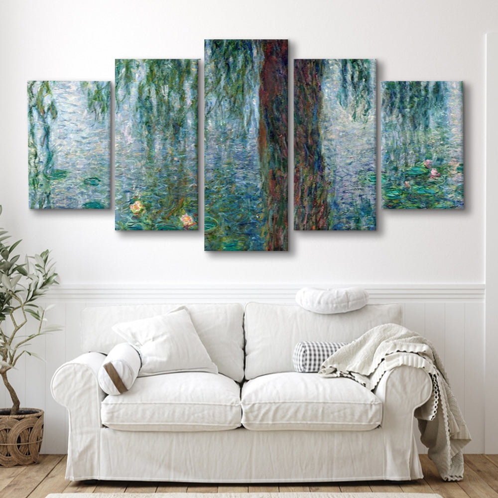 Waterlilies Morning with Weeping Willows Wall Art, 5 Piece Large Cavas Print Wall Art