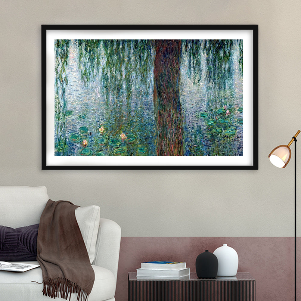 Waterlilies Morning With Weeping Willows Wall Art, Framed Art Print White Border
