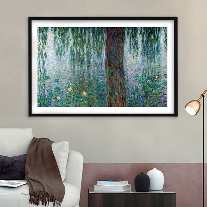 Waterlilies Morning With Weeping Willows Wall Art, Framed Art Print White Border