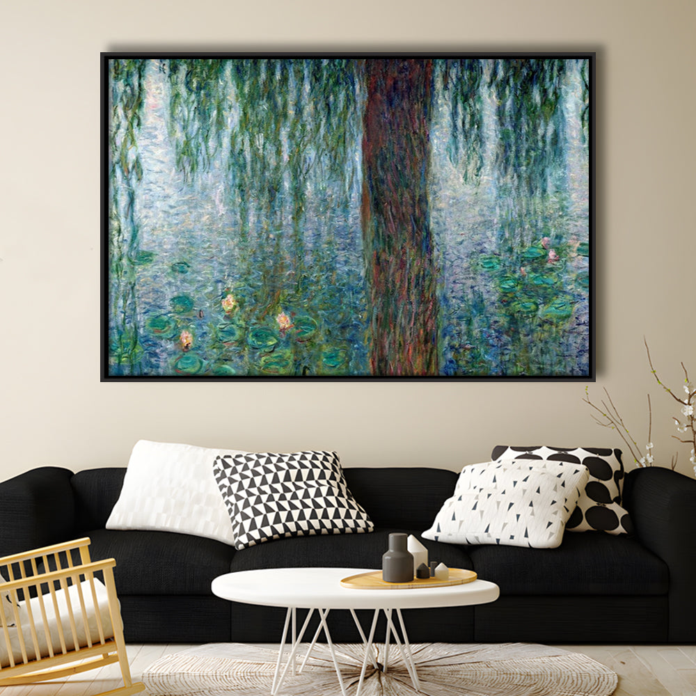 Waterlilies Morning With Weeping Willows Wall Art, Framed Cavas Print, Floating Frame