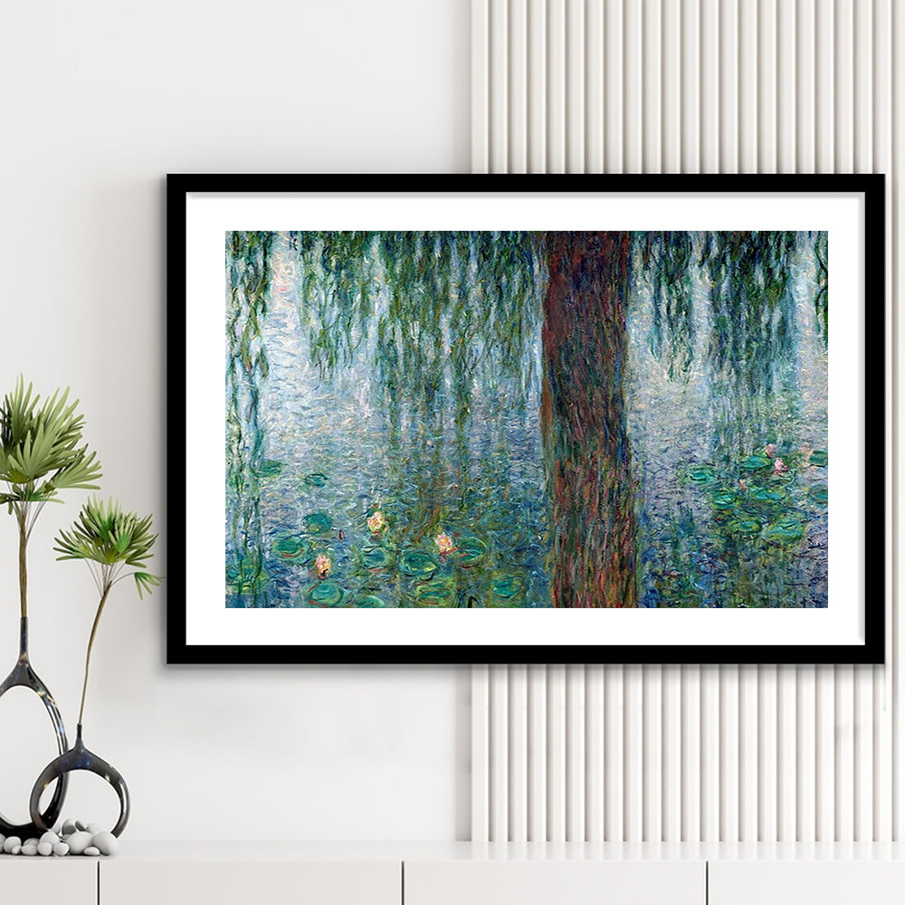 Waterlilies Morning With Weeping Willows Wall Art, Framed Art Print White Border