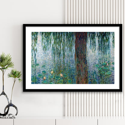 Waterlilies Morning With Weeping Willows Wall Art, Framed Art Print White Border