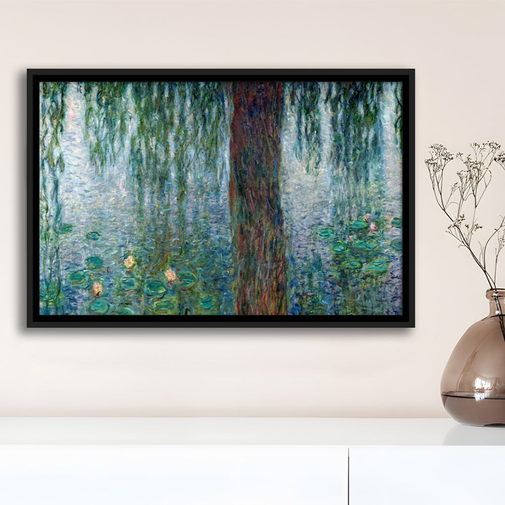 Waterlilies Morning With Weeping Willows Wall Art, Framed Cavas Print, Floating Frame