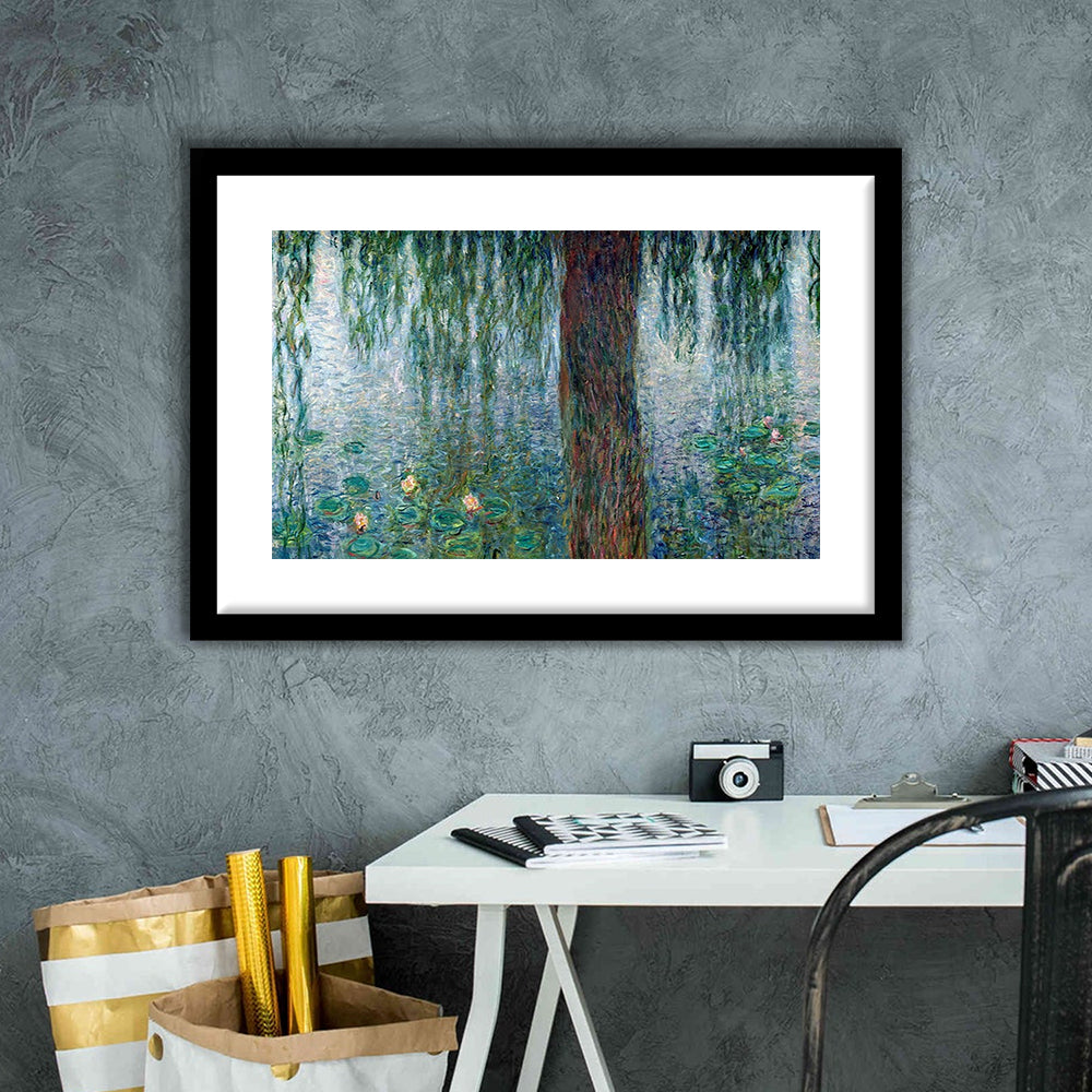 Waterlilies Morning With Weeping Willows Wall Art, Framed Art Print White Border