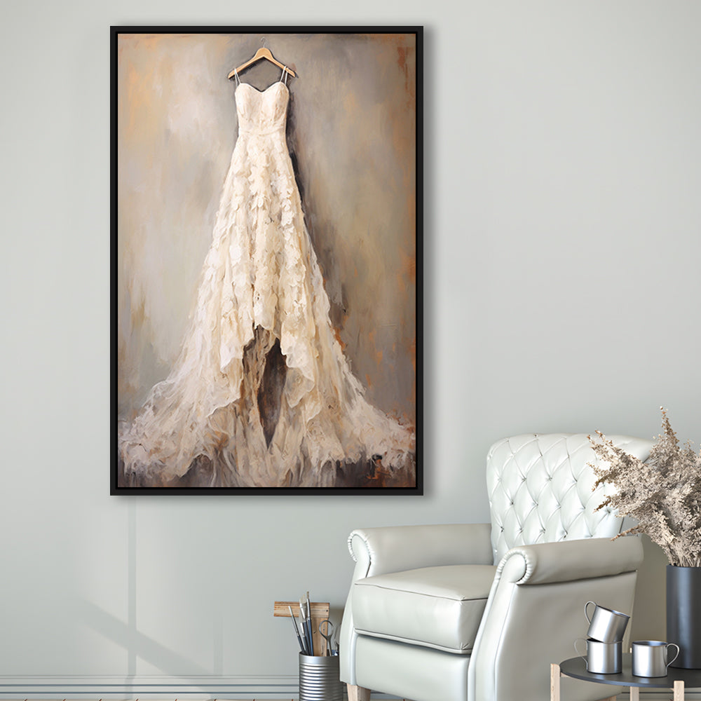 Wedding Dress Oil Painting Elegant Wedding Dress Art Vintage Style Art, Framed Canvas Print Wall Art, Floating Frame