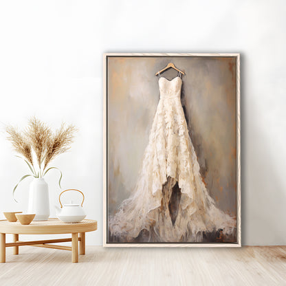 Wedding Dress Oil Painting Elegant Wedding Dress Art Vintage Style Art, Framed Canvas Print Wall Art, Floating Frame