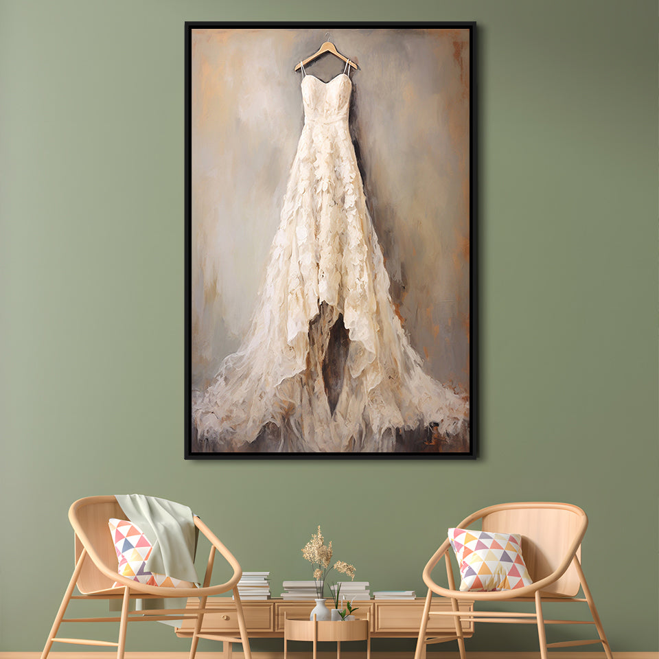 Wedding Dress Oil Painting Elegant Wedding Dress Art Vintage Style Art, Framed Canvas Print Wall Art, Floating Frame