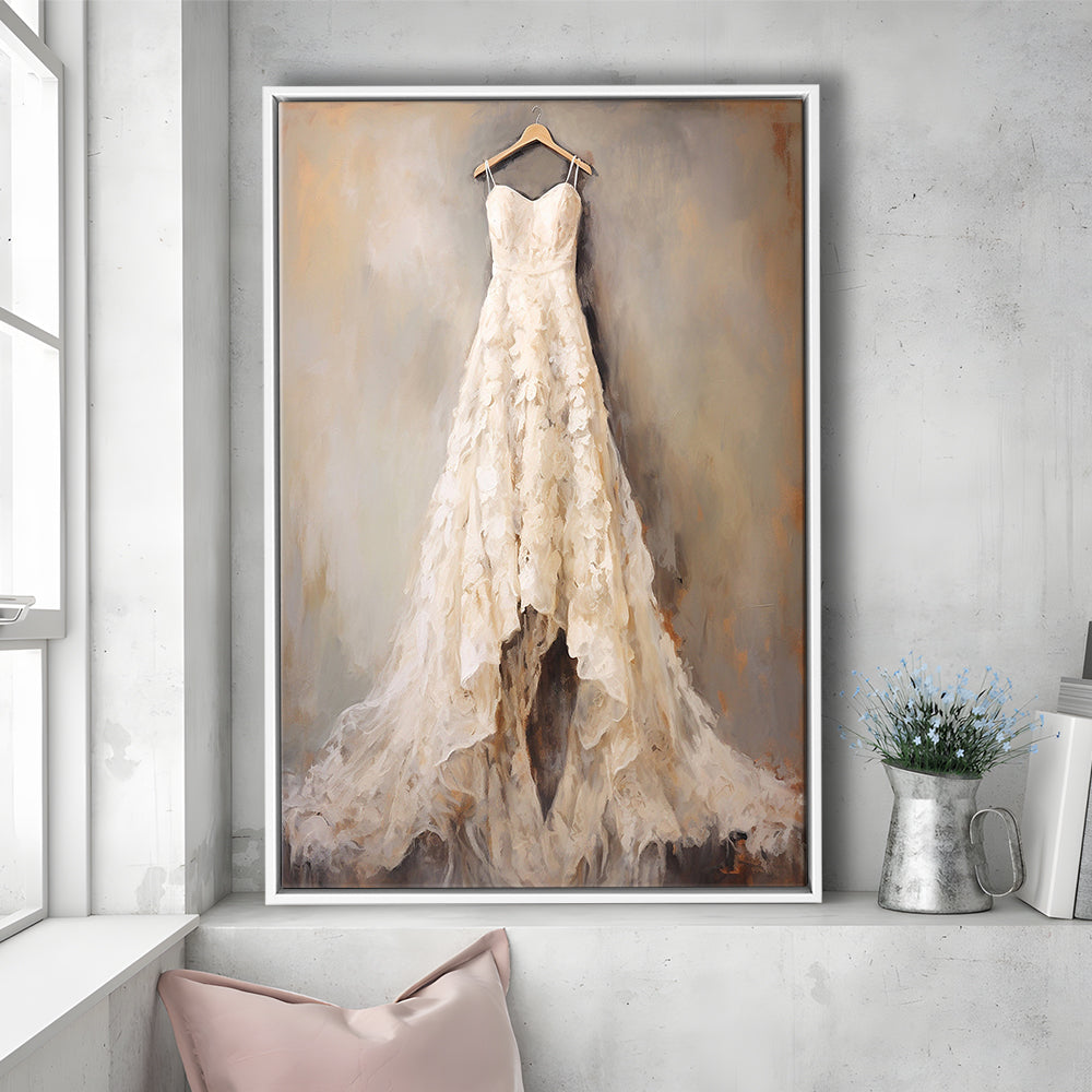Wedding Dress Oil Painting Elegant Wedding Dress Art Vintage Style Art, Framed Canvas Print Wall Art, Floating Frame