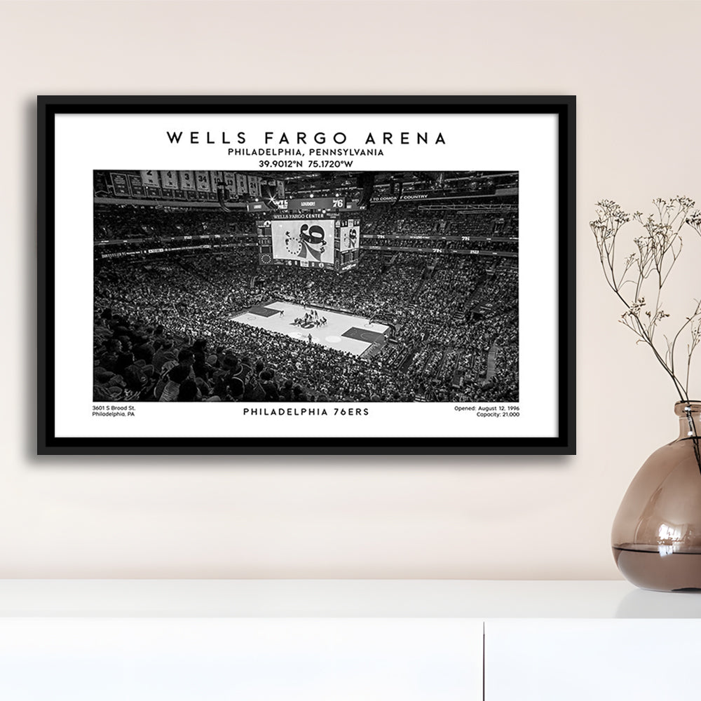 Wells Fargo Center Stadium Black And White, Philadelphia Basketball Stadium Wall Art Print, Framed Canvas Print Wall Art