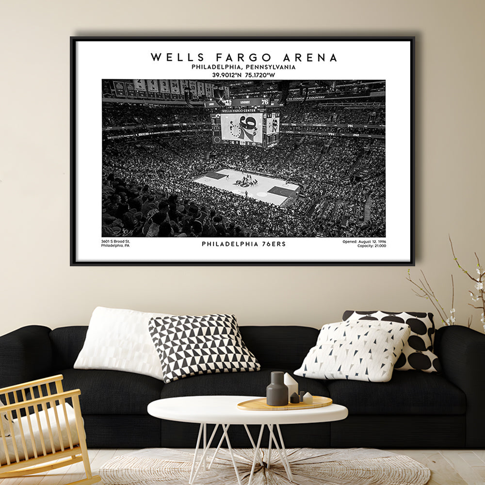 Wells Fargo Center Stadium Black And White, Philadelphia Basketball Stadium Wall Art Print, Framed Canvas Print Wall Art