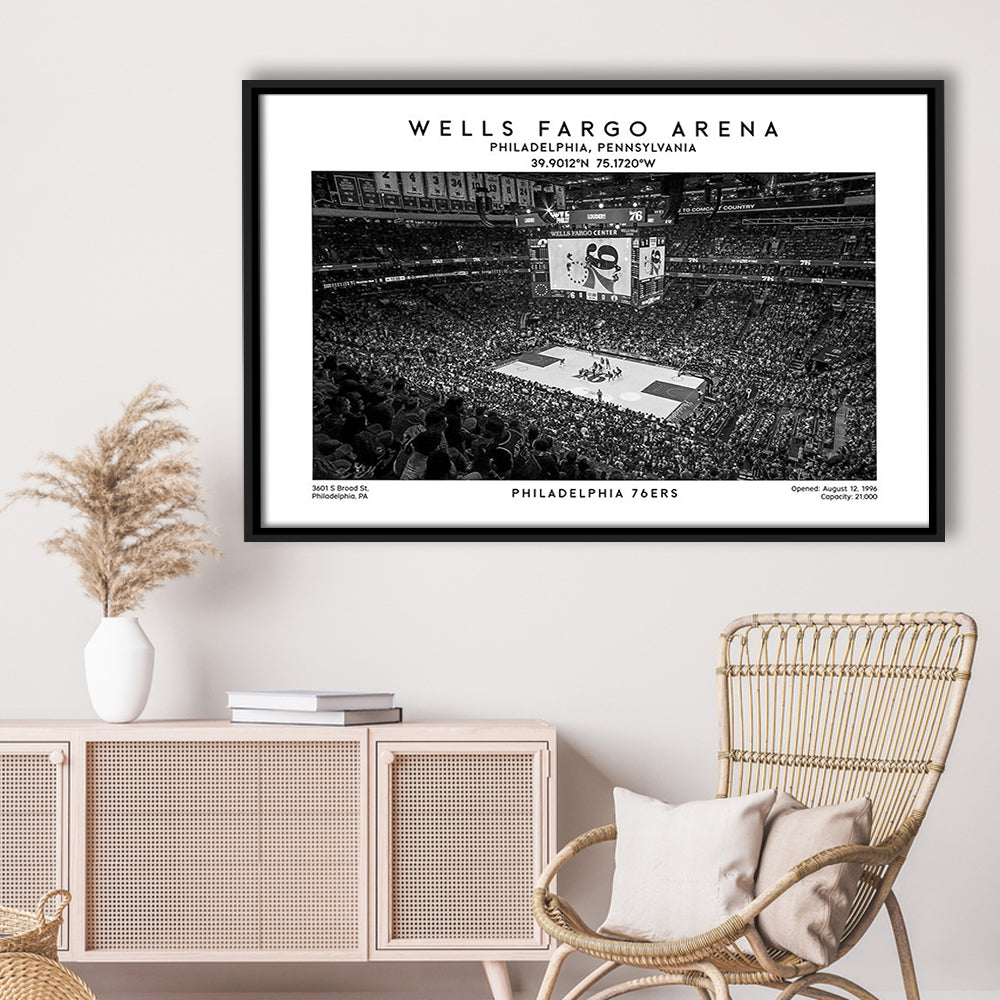 Wells Fargo Center Stadium Black And White, Philadelphia Basketball Stadium Wall Art Print, Framed Canvas Print Wall Art