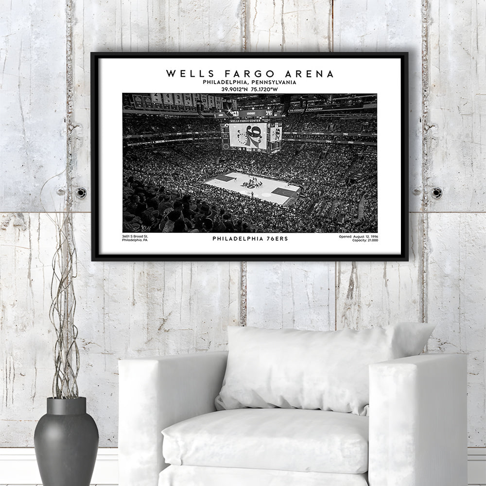 Wells Fargo Center Stadium Black And White, Philadelphia Basketball Stadium Wall Art Print, Framed Canvas Print Wall Art