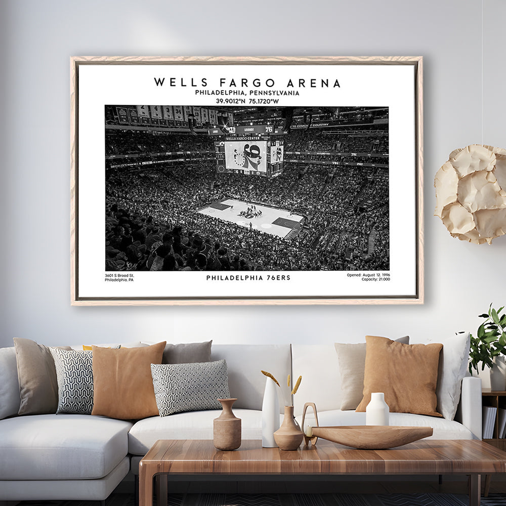 Wells Fargo Center Stadium Black And White, Philadelphia Basketball Stadium Wall Art Print, Framed Canvas Print Wall Art