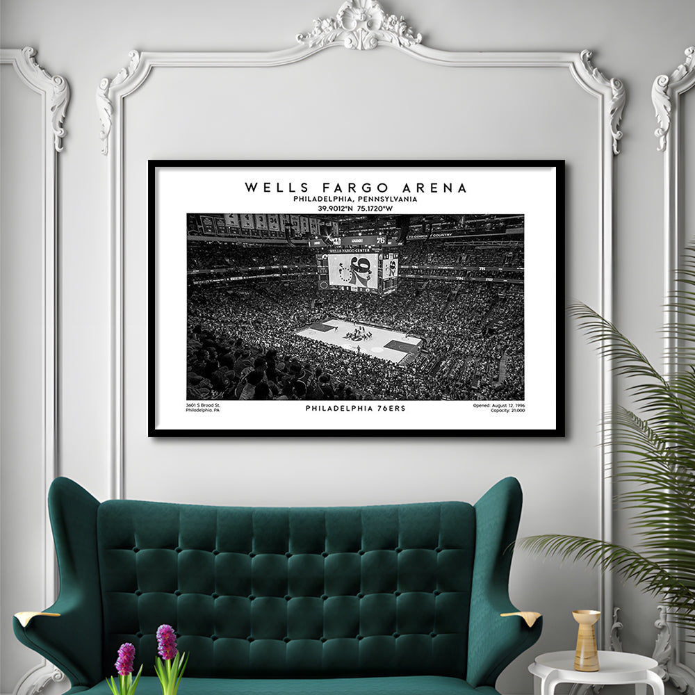 Wells Fargo Center Stadium Black And White, Philadelphia Basketball Stadium Wall Art Print, Framed Art Print Wall Decor