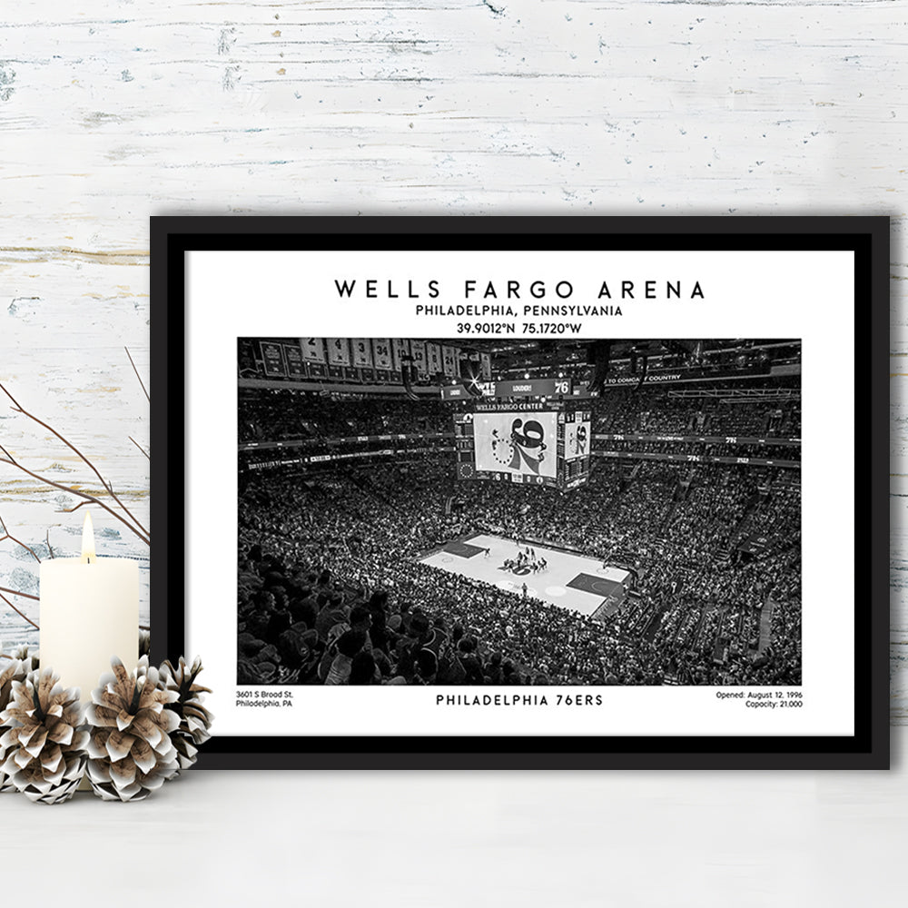 Wells Fargo Center Stadium Black And White, Philadelphia Basketball Stadium Wall Art Print, Framed Canvas Print Wall Art