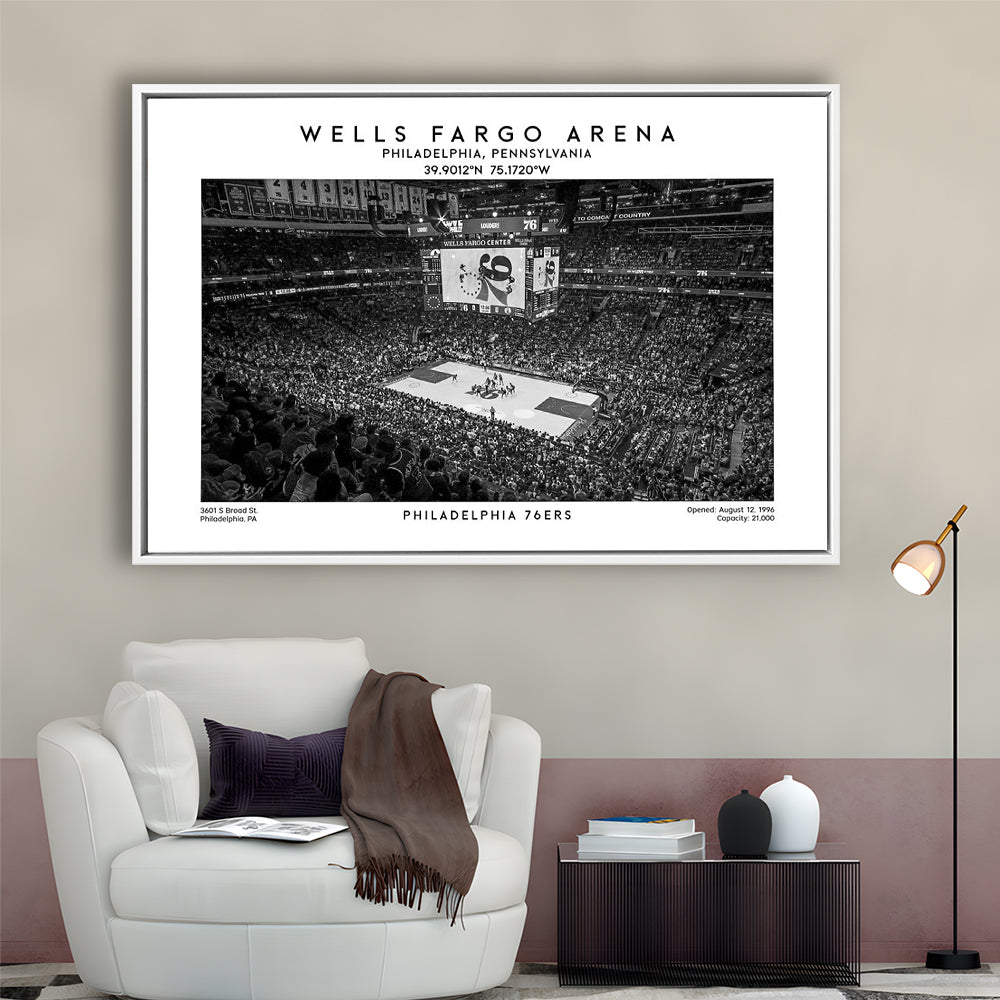 Wells Fargo Center Stadium Black And White, Philadelphia Basketball Stadium Wall Art Print, Framed Canvas Print Wall Art