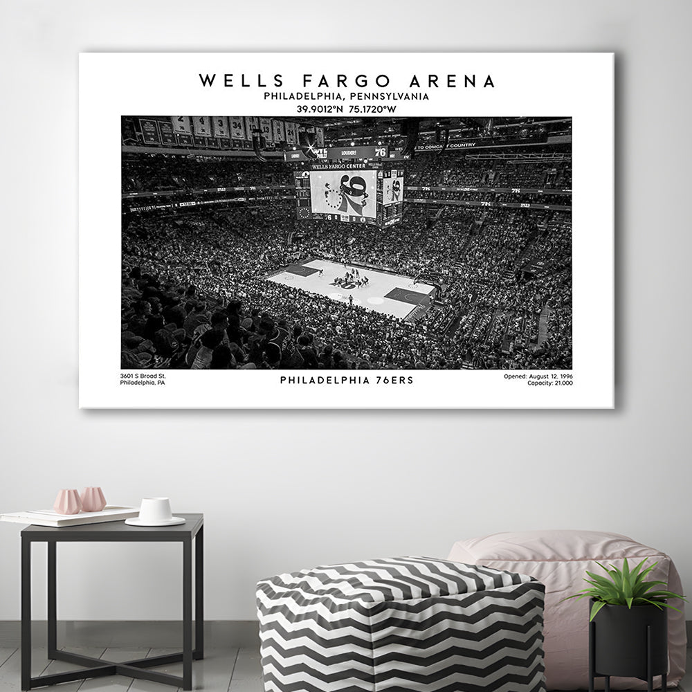 Wells Fargo Center Stadium Black And White, Philadelphia Basketball Stadium Print, Canvas Print Wall Art, Man Cave Gift