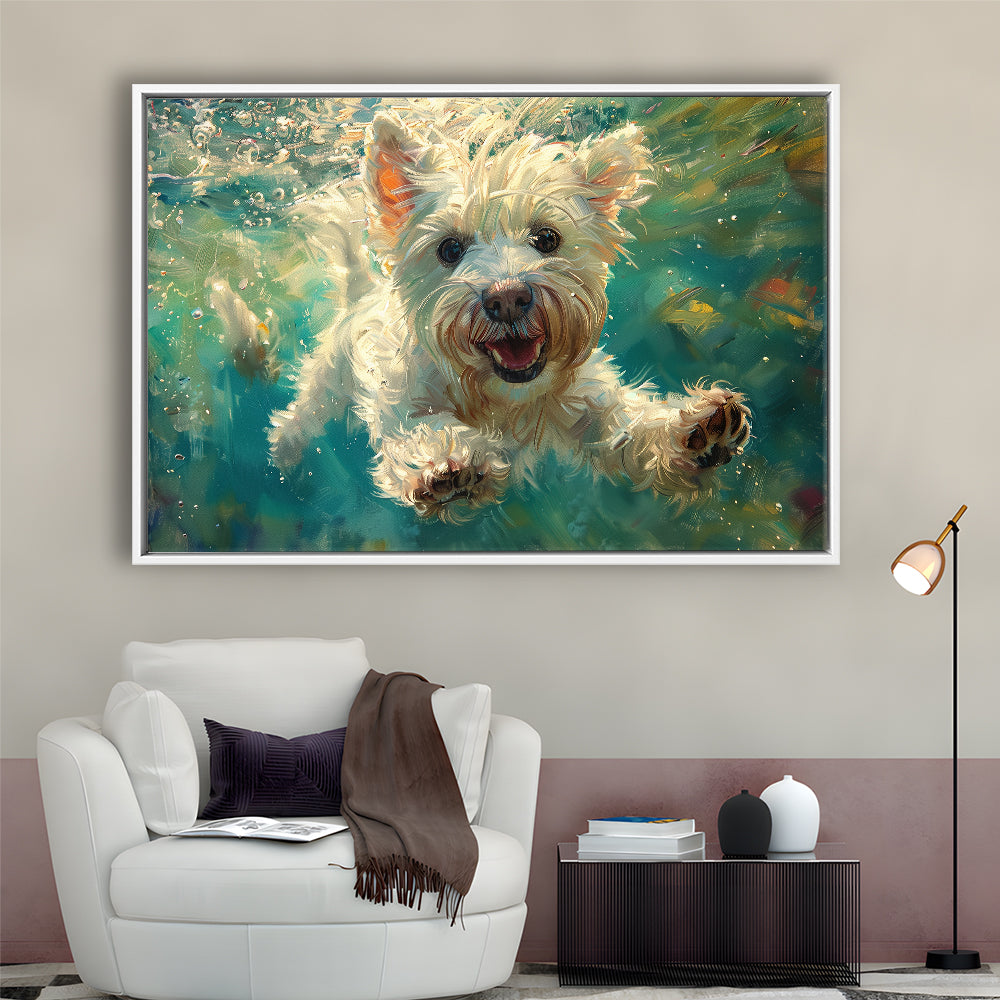 West Highland White Terrier Underwater Funny Art, Framed Canvas Print, Painting Art, Floating Framed Canvas Wall Art
