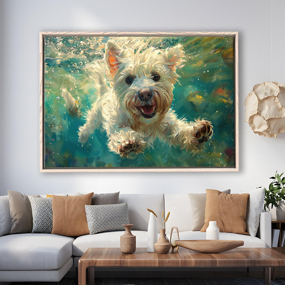 West Highland White Terrier Underwater Funny Art, Framed Canvas Print, Painting Art, Floating Framed Canvas Wall Art