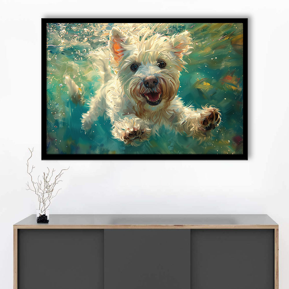 West Highland White Terrier Underwater Funny Art, Framed  Print, Painting Art, Framed Art Print Wall Decor, Framed Picture