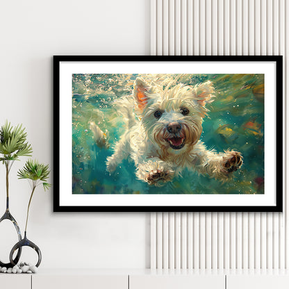 West Highland White Terrier Underwater Funny Art, Framed  Print, Painting Art, Framed Art Print White Border Wall Decor