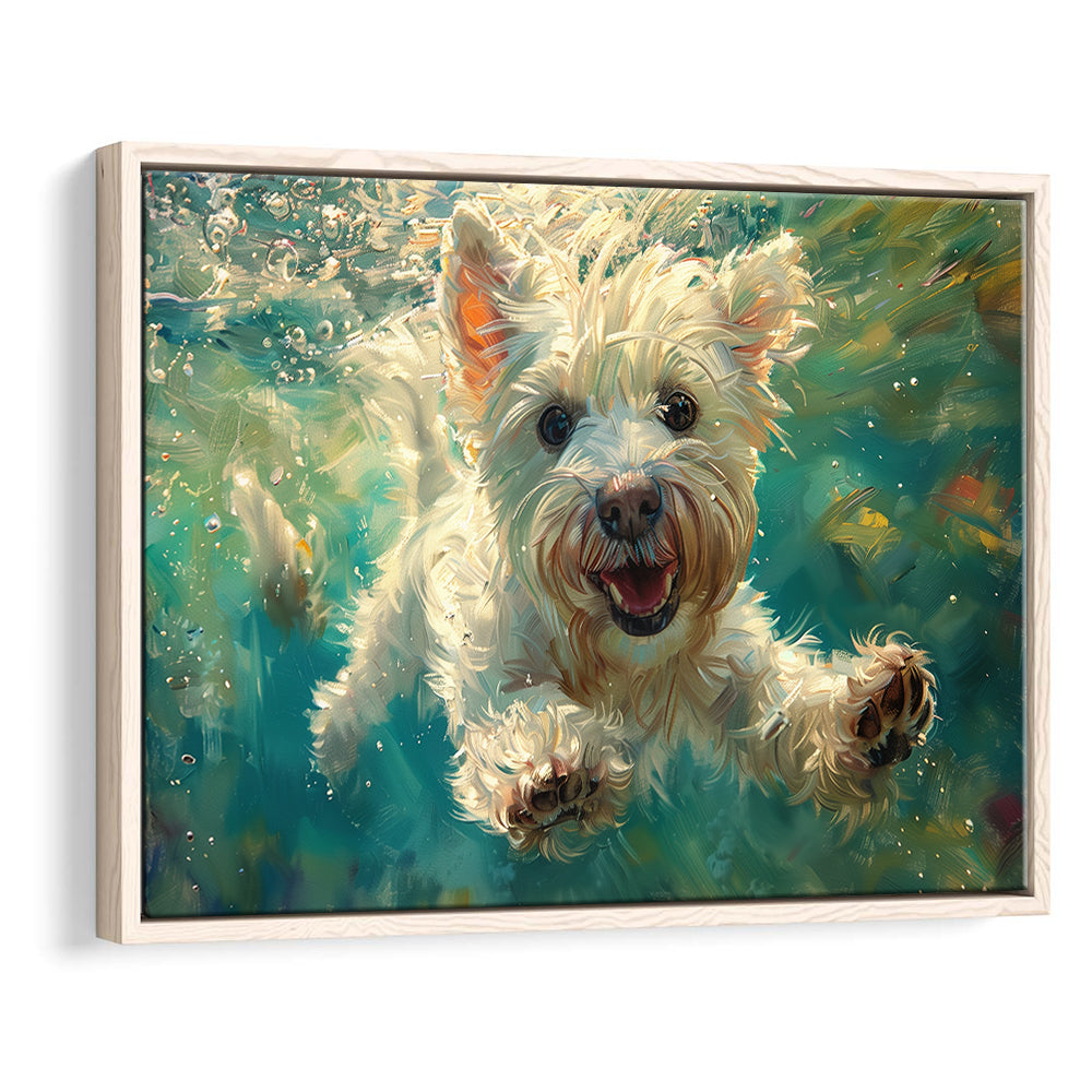 West Highland White Terrier Underwater Funny Art, Framed Canvas Print, Painting Art, Floating Framed Canvas Wall Art