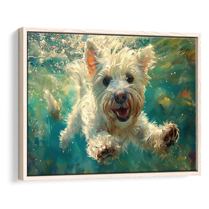 West Highland White Terrier Underwater Funny Art, Framed Canvas Print, Painting Art, Floating Framed Canvas Wall Art