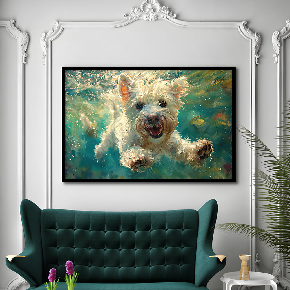 West Highland White Terrier Underwater Funny Art, Framed  Print, Painting Art, Framed Art Print Wall Decor, Framed Picture