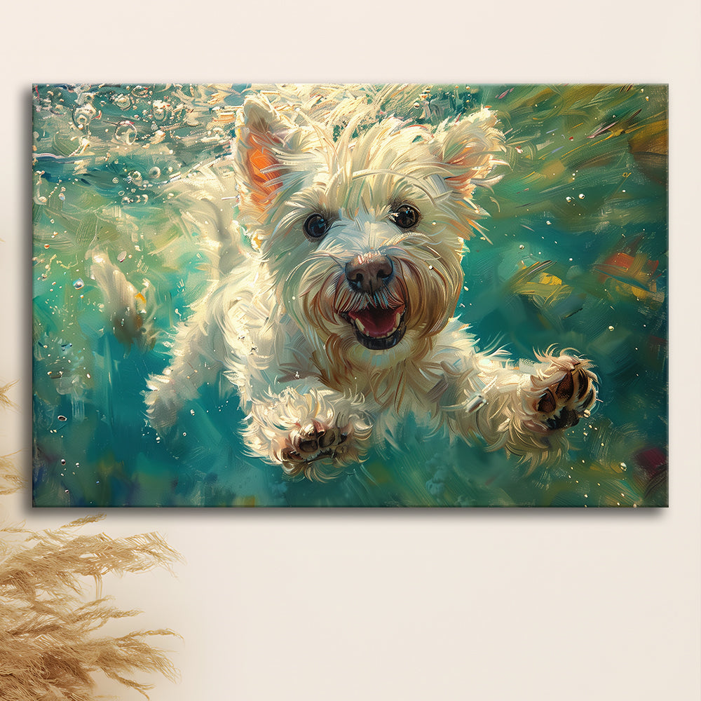 West Highland White Terrier Underwater Funny Art, Canvas Art Decor Print, Painting Art, Canvas Print Wall Art Home Decor