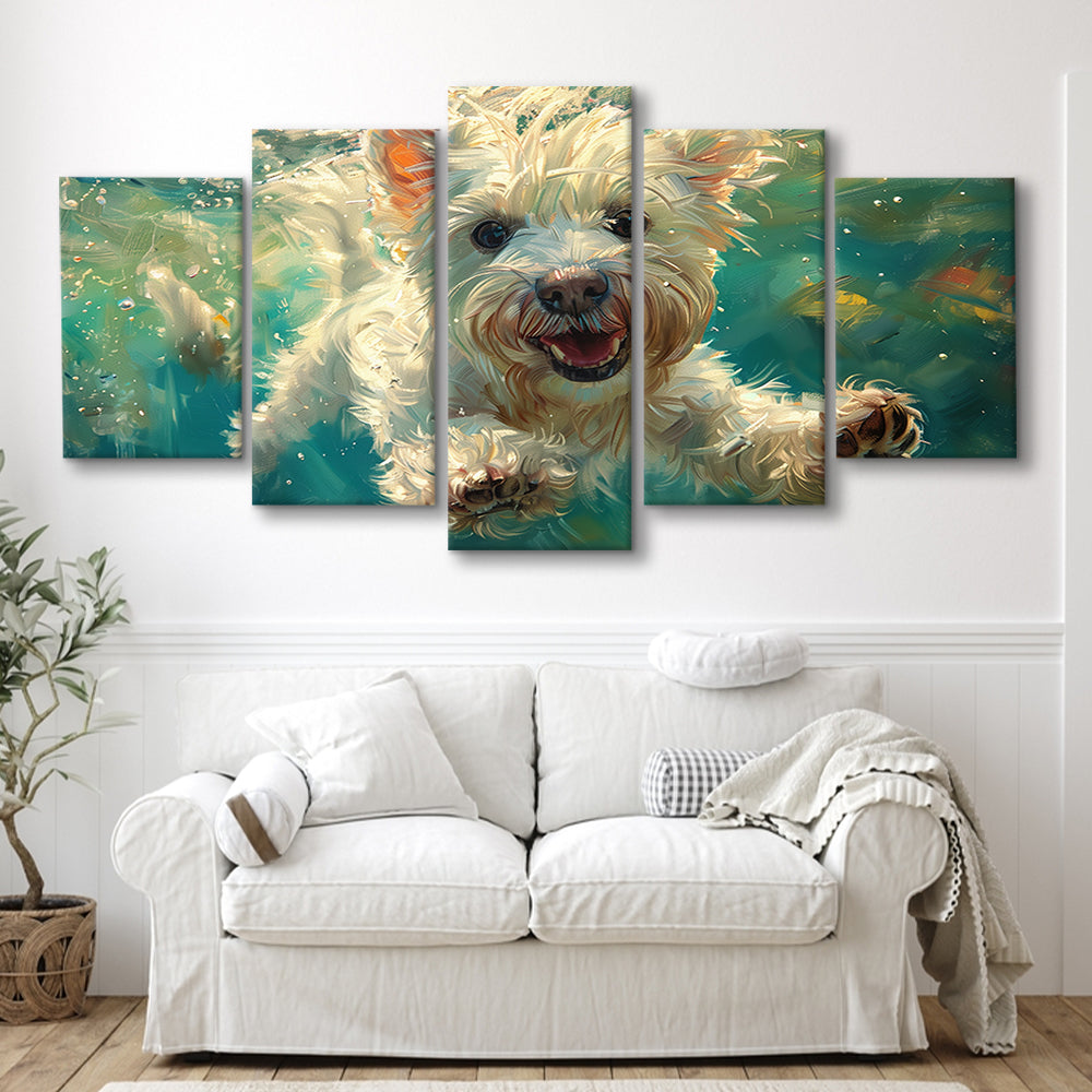 West Highland White Terrier Underwater Funny Art, Canvas Art Decor Print, Painting Art, Mixed Panels Canvas Print