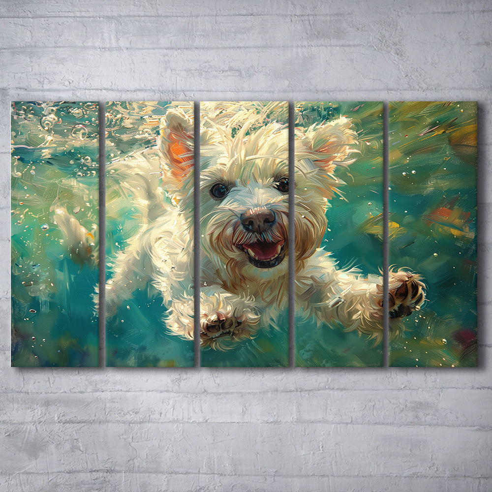 West Highland White Terrier Underwater Funny Art, Canvas Art Print, Painting Art, Multi Panels Canvas Print Wall Art