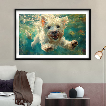 West Highland White Terrier Underwater Funny Art, Framed  Print, Painting Art, Framed Art Print White Border Wall Decor