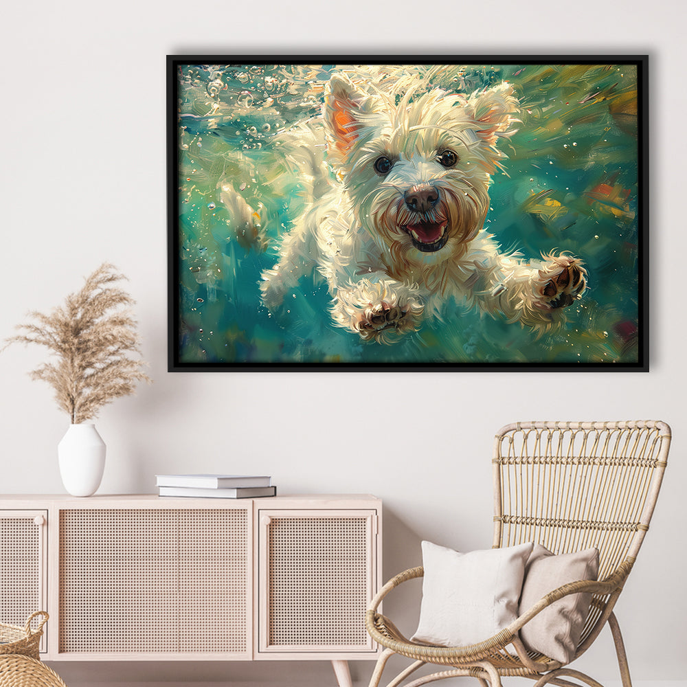 West Highland White Terrier Underwater Funny Art, Framed Canvas Print, Painting Art, Floating Framed Canvas Wall Art