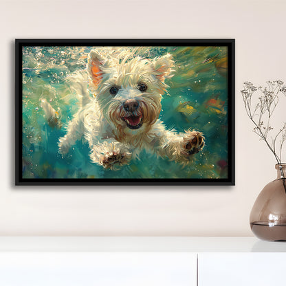 West Highland White Terrier Underwater Funny Art, Framed Canvas Print, Painting Art, Floating Framed Canvas Wall Art