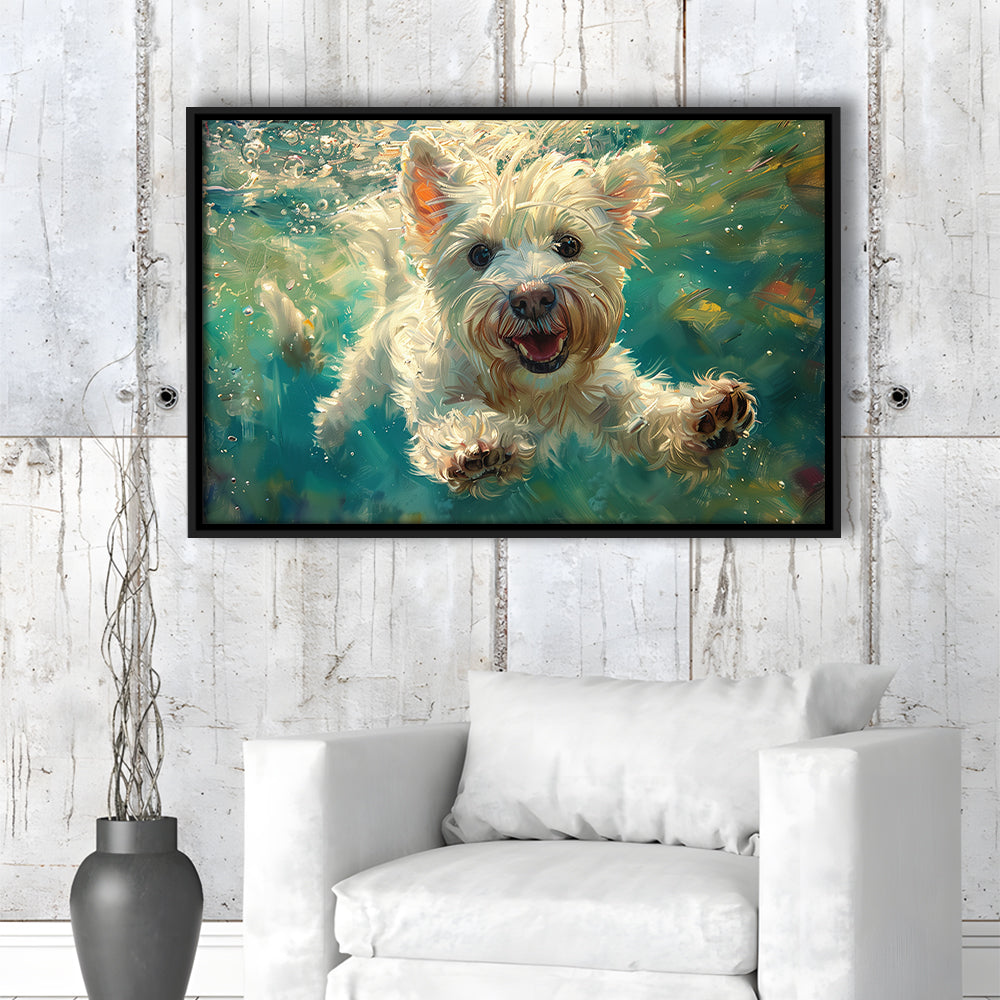 West Highland White Terrier Underwater Funny Art, Framed Canvas Print, Painting Art, Floating Framed Canvas Wall Art