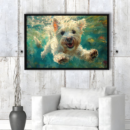 West Highland White Terrier Underwater Funny Art, Framed Canvas Print, Painting Art, Floating Framed Canvas Wall Art
