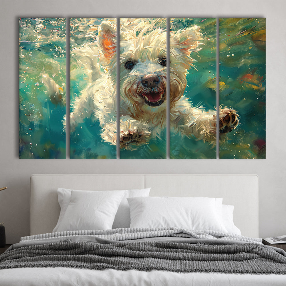 West Highland White Terrier Underwater Funny Art, Canvas Art Print, Painting Art, Multi Panels Canvas Print Wall Art