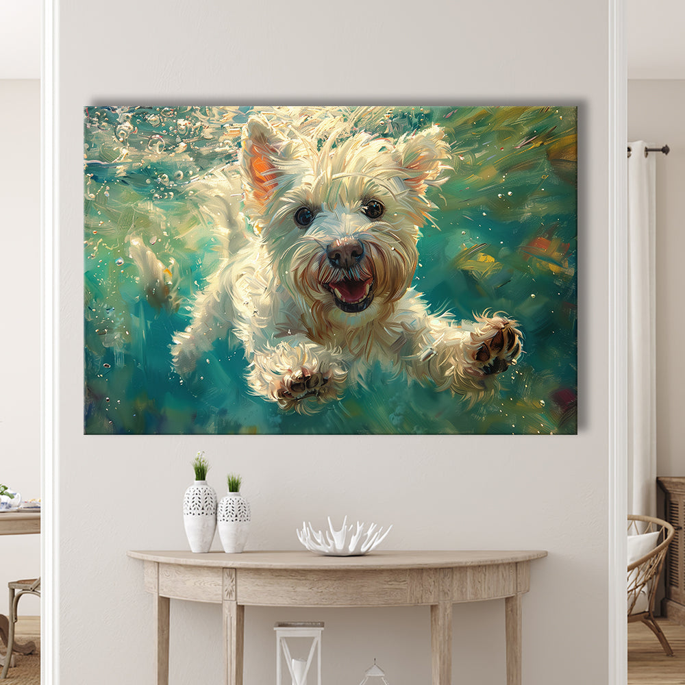 West Highland White Terrier Underwater Funny Art, Canvas Art Decor Print, Painting Art, Canvas Print Wall Art Home Decor