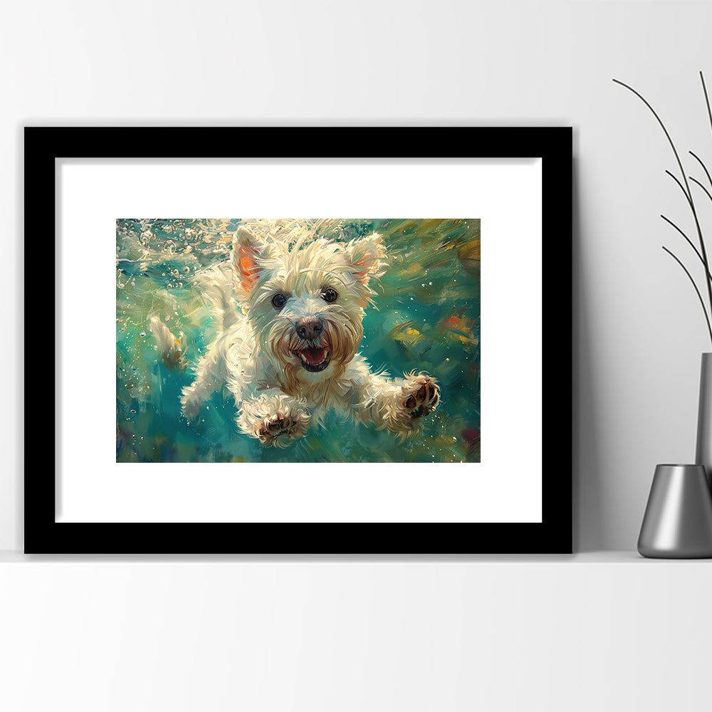 West Highland White Terrier Underwater Funny Art, Framed  Print, Painting Art, Framed Art Print White Border Wall Decor